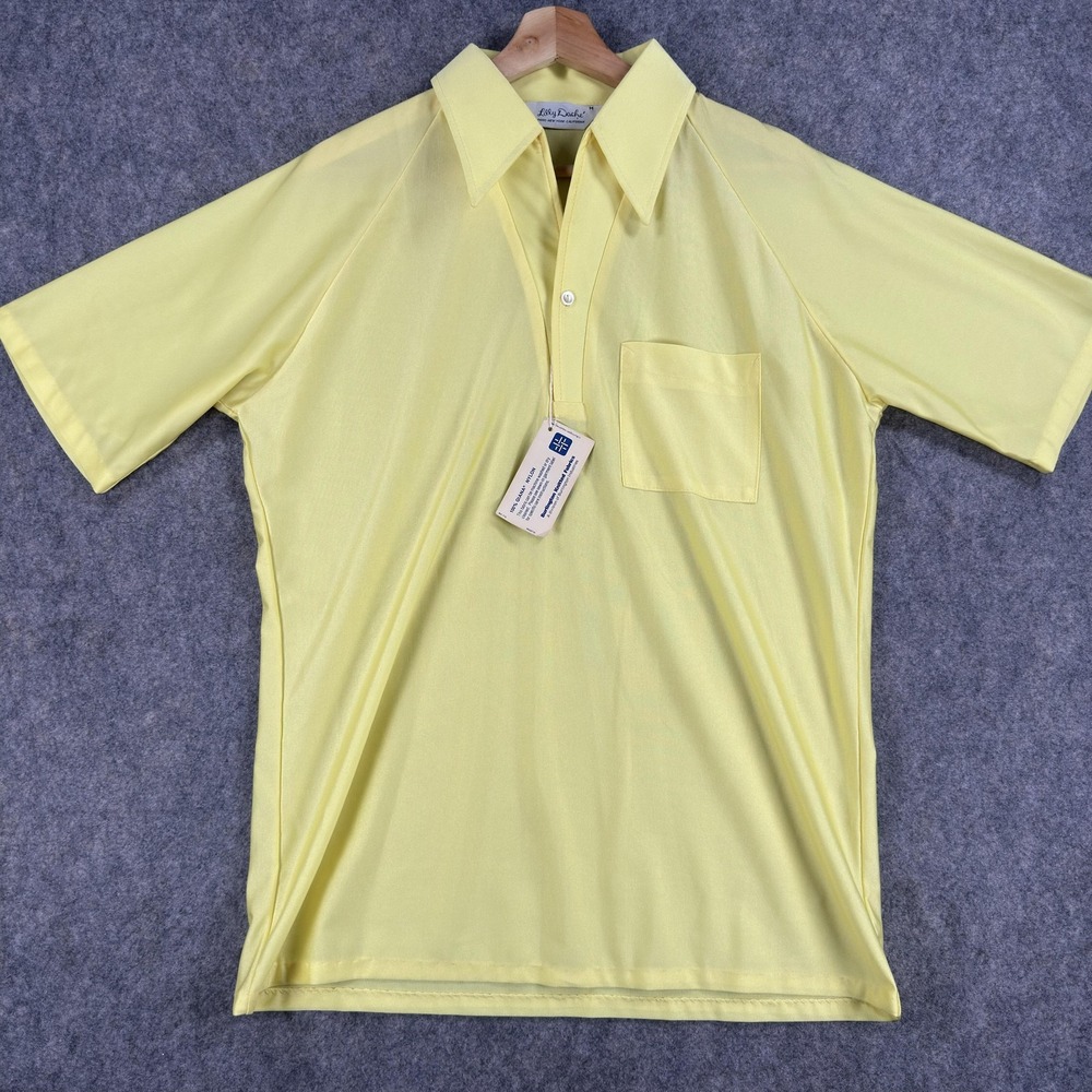 Vintage Lilly Dache‎ Polo Shirt Mens Medium Yellow Qiana Nylon Made In USA Disco